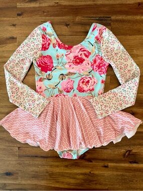 Cheeky Plum Girls Floral Long Sleeve Farrah Skirted Leotard 6 Blue Pink Floral